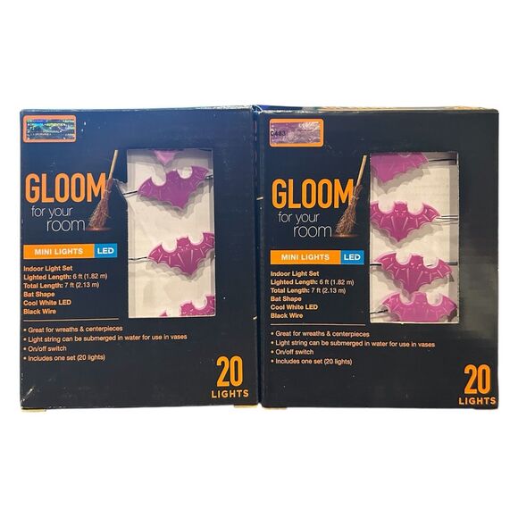 2x Set of 20 LED Halloween Bat Indoor Purple Lights - Battery Length 6ft - Picture 1 of 3